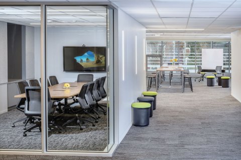Library interior with glass conference room